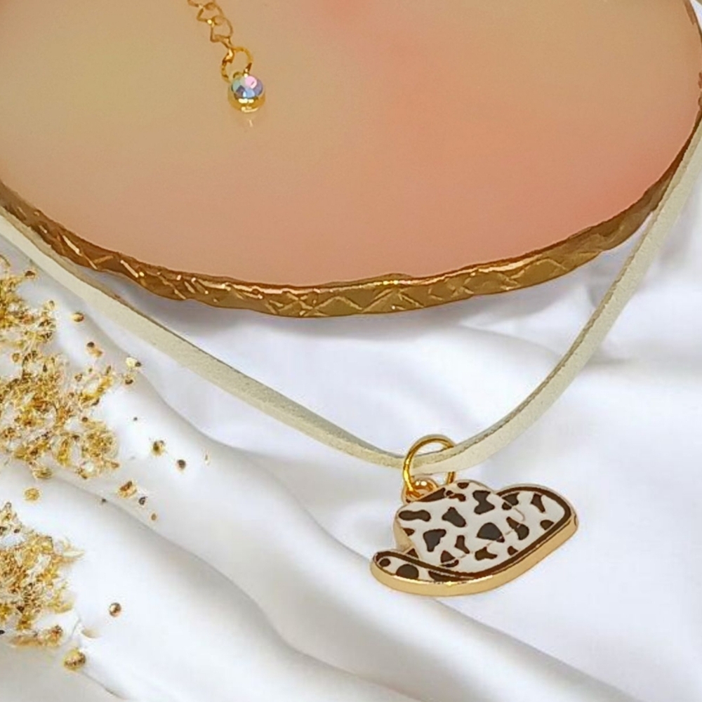 Cow Print Cowboy Hat Charm Suede Necklace Cord Medallion Necklace Saturationcore